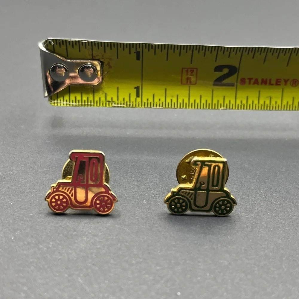 Adorable Red/Green Vintage Brass & Enamel Mini Car Pins Set of 2